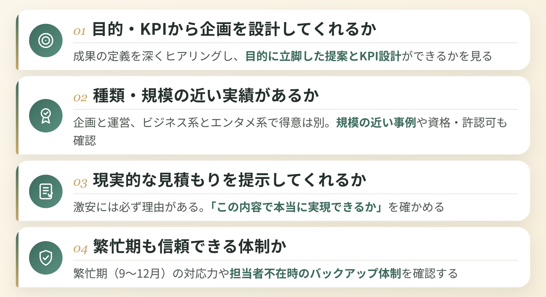 イベント企画会社の選び方4つのポイント（①目的・KPIから企画を設計してくれるか ②種類・規模の近い実績があるか ③現実的な見積もりを提示してくれるか ④繁忙期も信頼できる体制か）を示した図