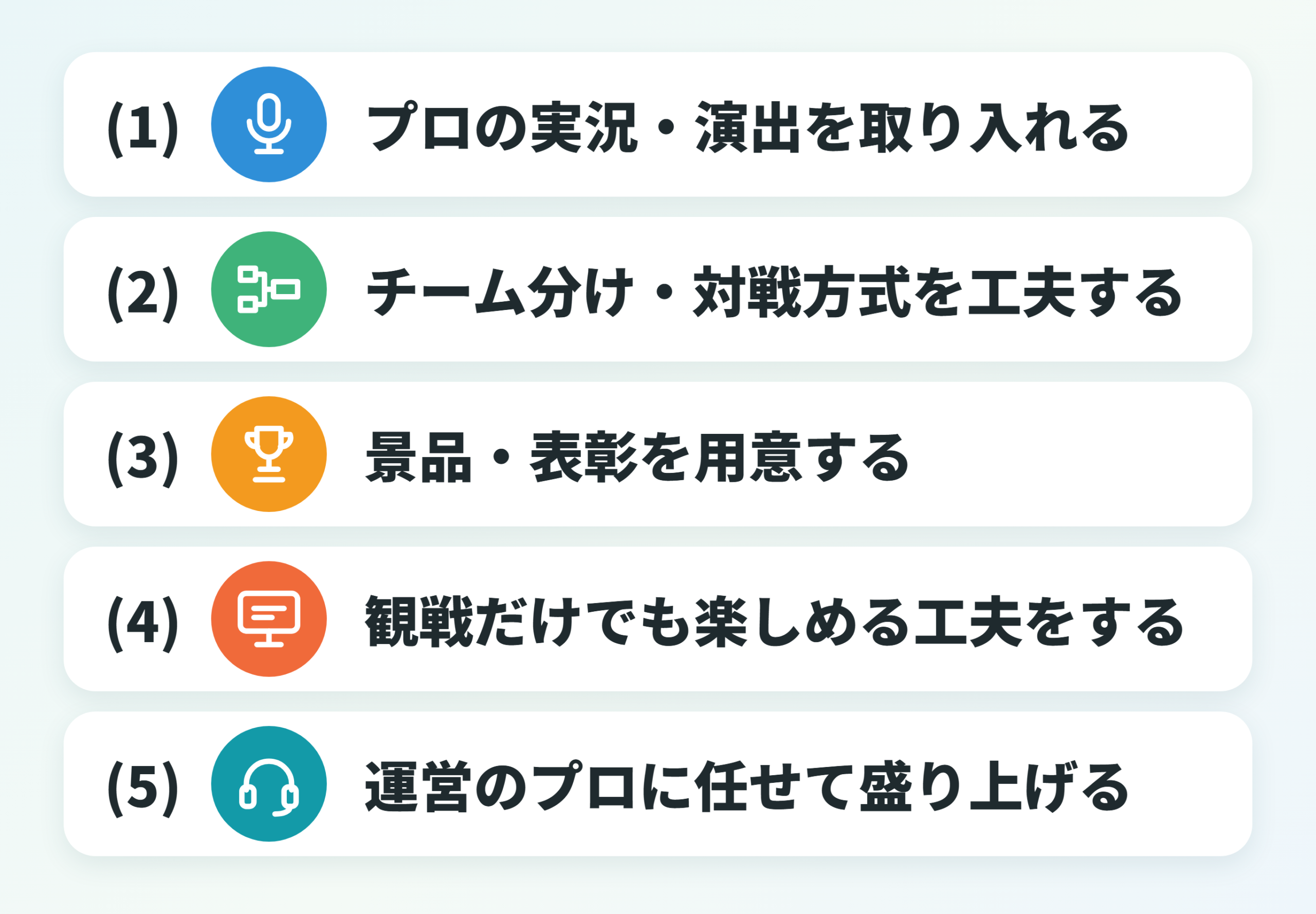 社内eスポーツ大会を盛り上げるコツ：(1)プロの実況・演出を取り入れる、(2)チーム分け・対戦方式を工夫する、(3)景品・表彰を用意する、(4)観戦だけでも楽しめる工夫をする、(5)運営のプロに任せて盛り上げる